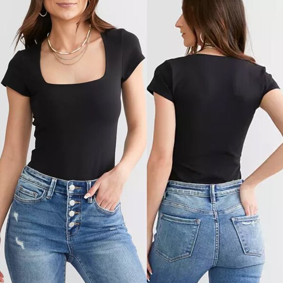Free People Intimately Square Eyes Bodysuit Black XS Cap Sleeves Square Neck $58 - Picture 2 of 15